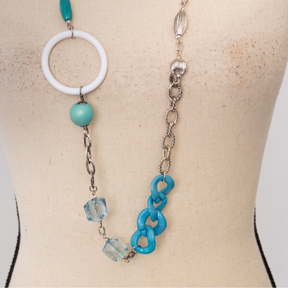 Longer length boho chic necklace various link styles & beads blue, white, silver - Picture 4 of 9